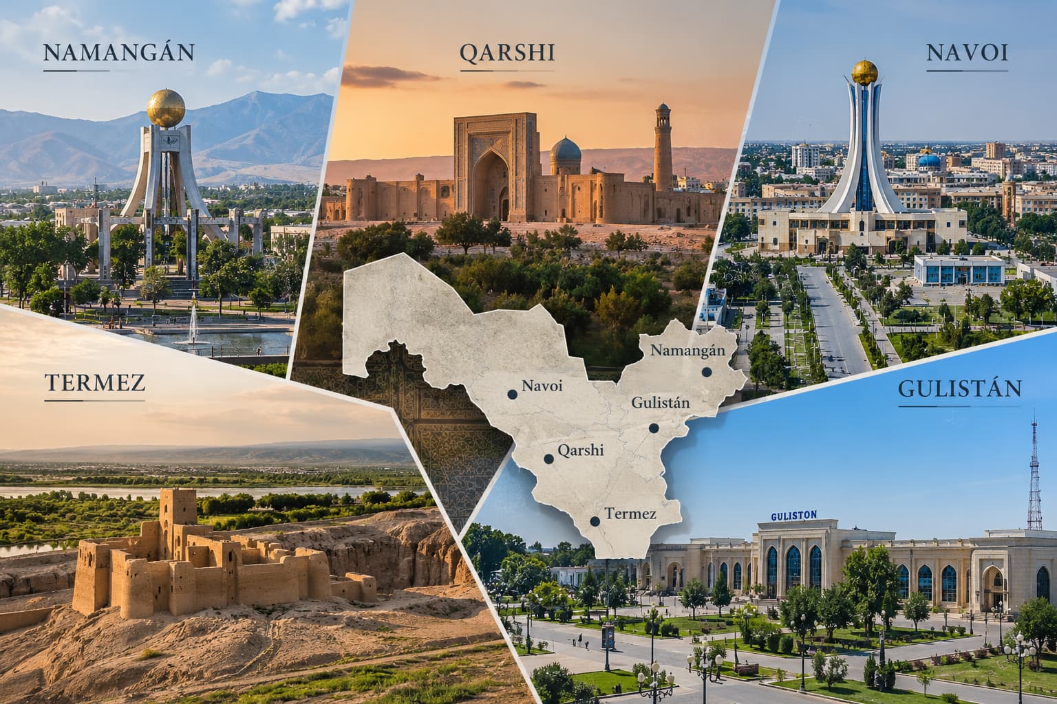 Ciudades menos conocidas de Uzbekistán: Namangán, Qarshi, Navoi, Termez y Gulistán